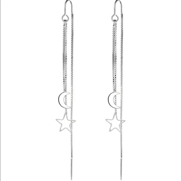 925 Silver Moon Star Threader Drop Dangle Earrings - Picture 2 of 3